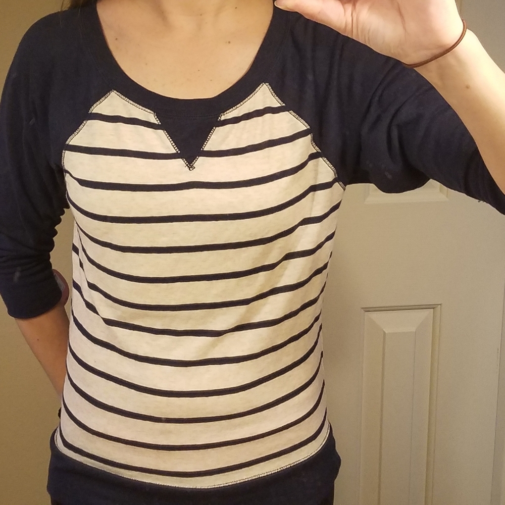 Small Navy & Cream 3/4 Length Striped Tee by So